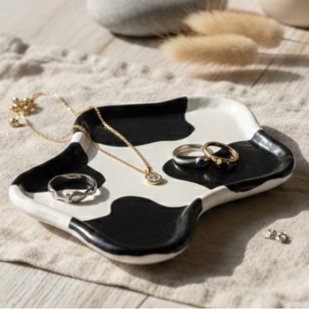 Cow Print Trinket Dish - Handmade - Black & White - 6 Inch